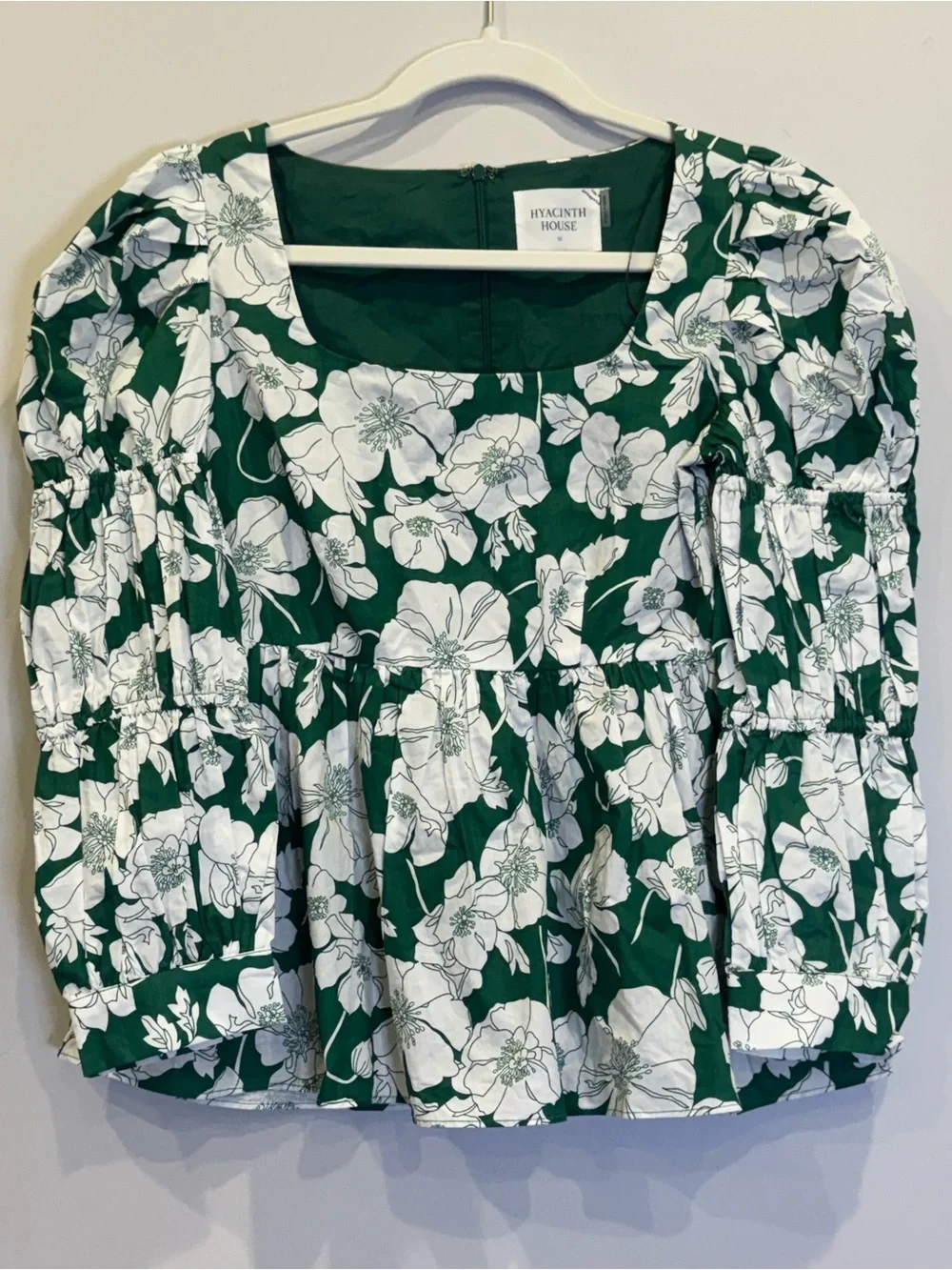 Tuckernuck Hyacinth House Green Floral Puff-Sleeve Peplum Top Long Sleeve K